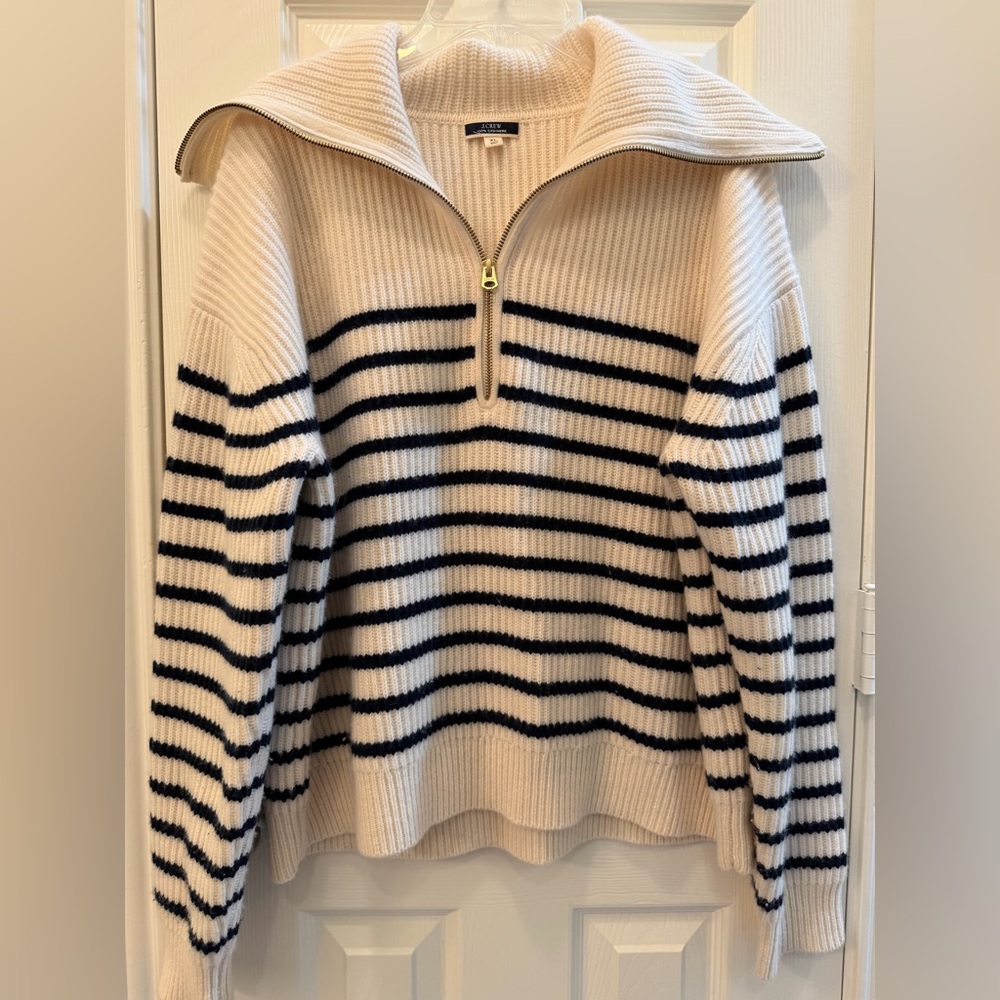 J Crew Women’s XL 100% Cashmere Half Zip Striped Knit Sweater Spread Collar